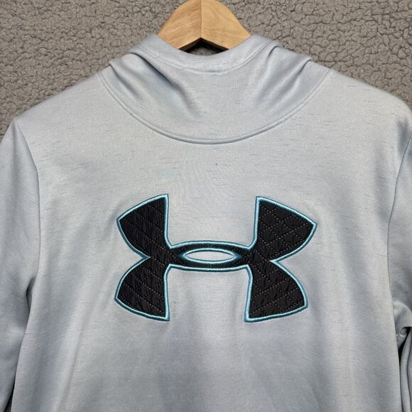 Under Armour Men's Pullover Hoodie Sz M Blue Big Logo inside fleece long sleeve - Picture 8 of 9